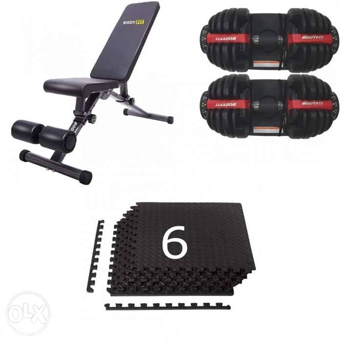 bundle set of adjustable dumbbells 24kg, bench,6 puzzle mat 0