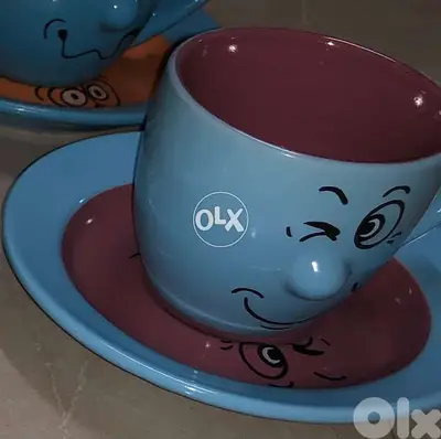 coffee set, 6 pieces, emojies cups, multiples colors, طقم فناجين صغير