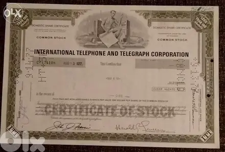 شهادة أسهم أمريكية قديمة Intl. Telephone & Telegraph 1977