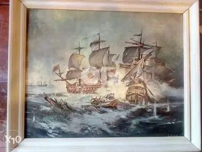vintage G. Chiabert "NAVAL BATTLE" fine art print plus wooden frame50*6