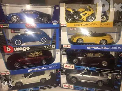 each piece diecast motor cycle and cars 1/18.