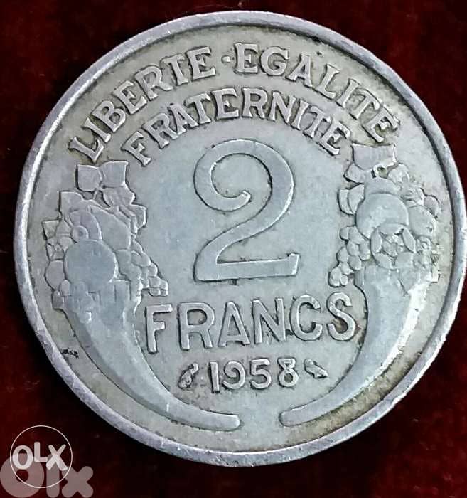 2 French Francs. Morlon Franc year 1958 Beaumont le Roger Aluminum 1