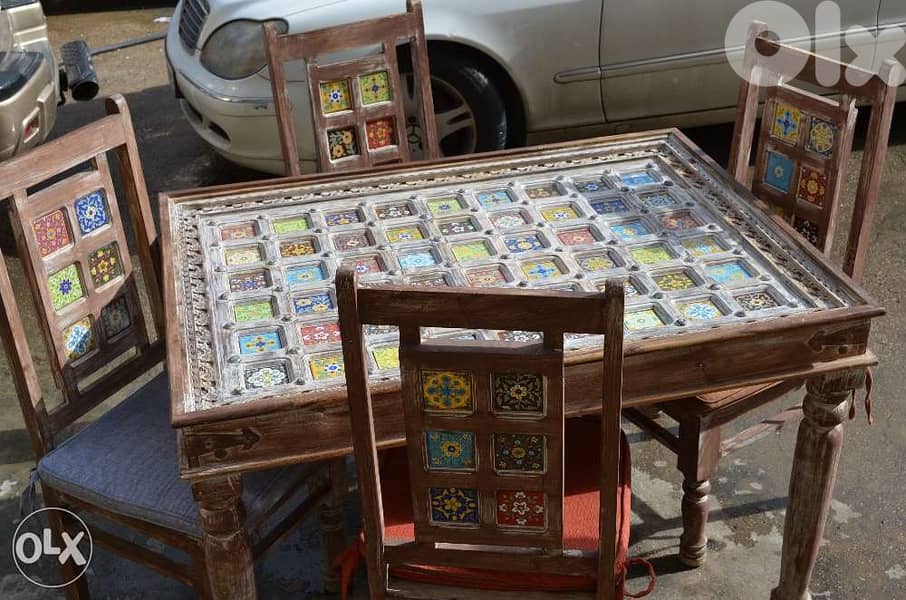 solid wood teak dining table 4 chairs with ceramic 0
