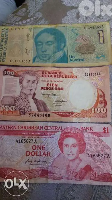 Set of 3 Banknotes East Carriebian Argentine & Colombia