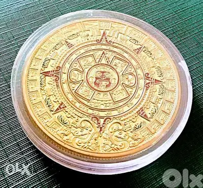Mayan Aztec Mexico sun calendar gold color souvenir in capsule