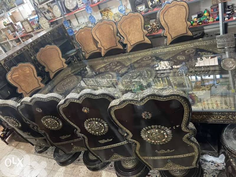 huge table with 12 chairs and dersoir all solid wood with copper and g 0