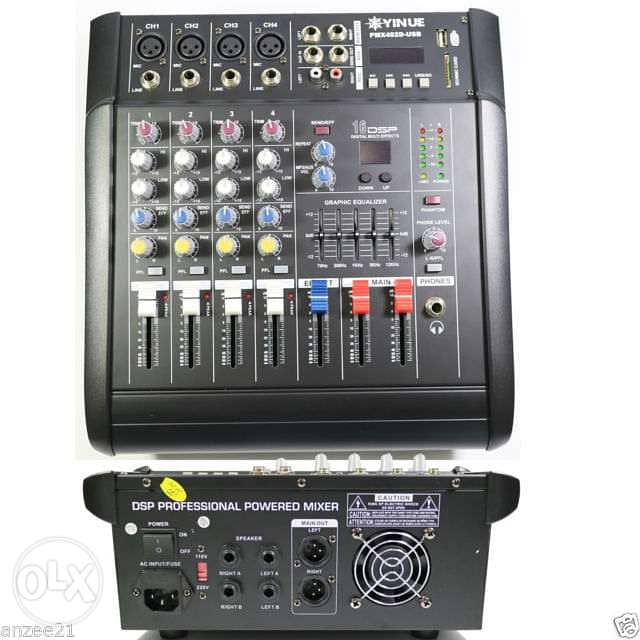 mixer powered 500 watt,4 input mic+4 line + usb play,jdid bel cartouni 1