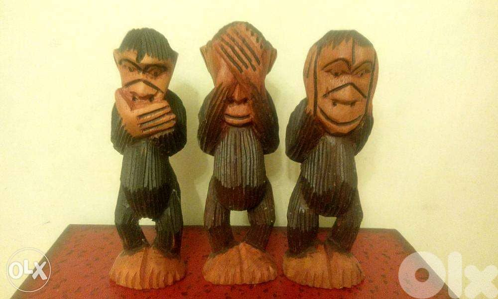three wise monkeys carved wood 15cm 0