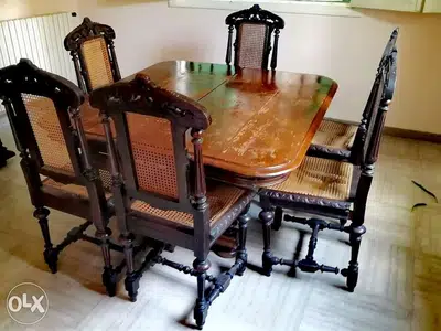 سفرة فرنسية طاولة طعام مع ٦ كراسي خشب سنديان مميز شغل انتيك حفر يدوي