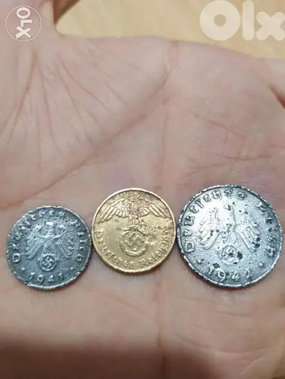 set of three German Nazi coins of WW2 era of the 3rd Adolph Hitler