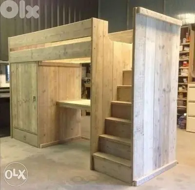 Wood modern bed and closet with stairs rustic handmade تخت خشب أطفال