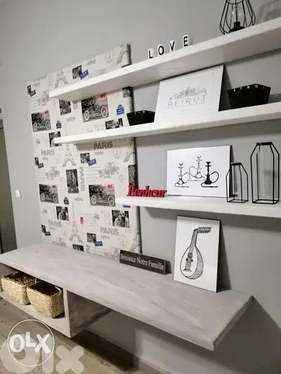 TV stand with rustic shelves and fabrics wood ستاند تلفزيون مع تنجيد