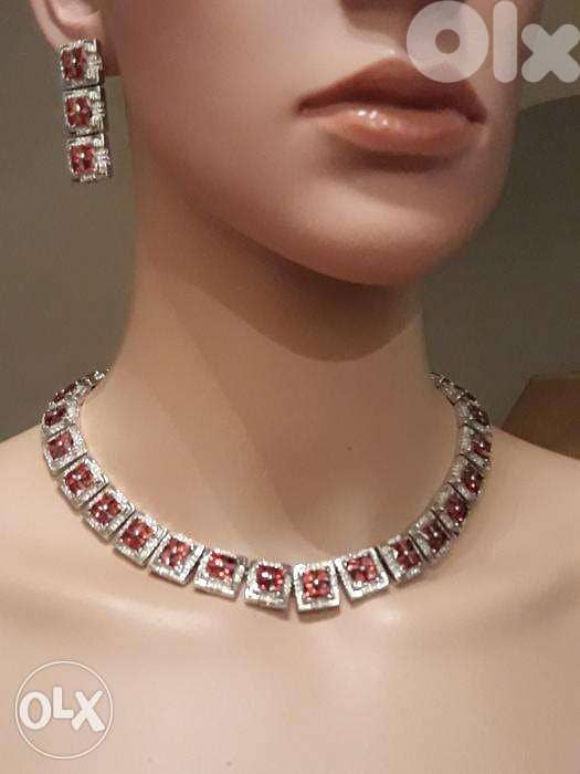 Faux Bijoux Square Ruby & Zircon Silver Necklace & Earrings 0
