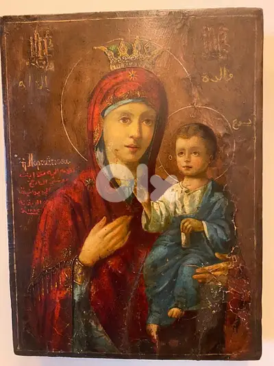 rare Melkite icon dated 1885 holy mother and child