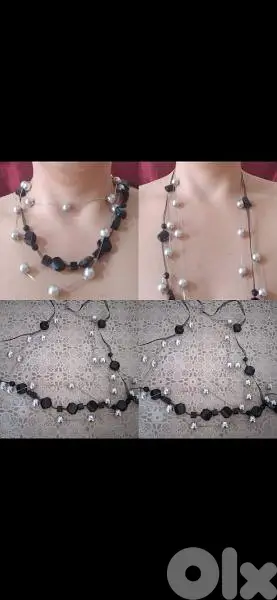 necklace black and silver long beads vintage