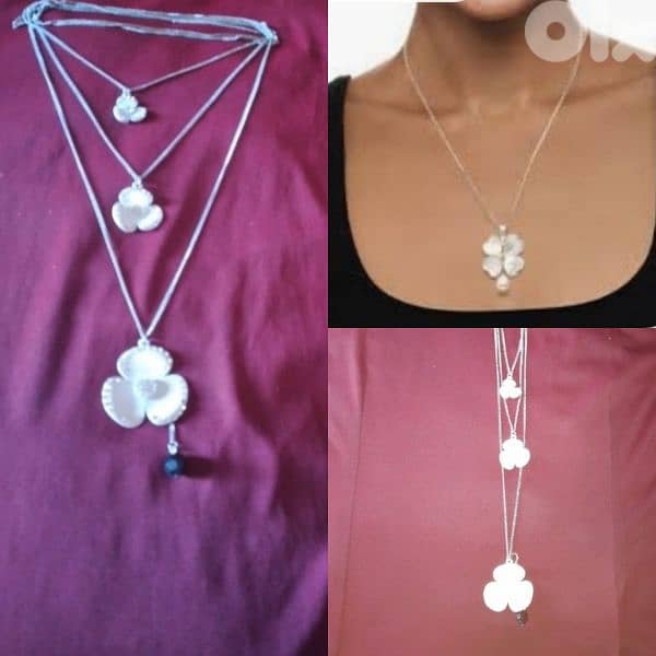 necklace vintage 3 layers3 flowers white 0