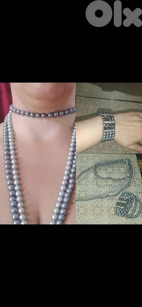 necklace set 2 necklaces and big bracelet pearl grey 0
