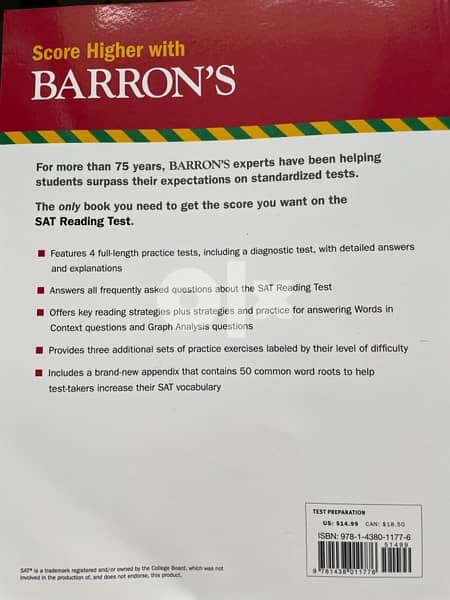 BARRON'S The Trusted Name n Test Prep SAT READING WORKBOOK 2ND EDITION 1
