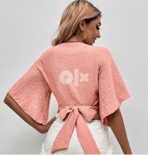 Deep V Neck Twist Front Tie Back Drop Shoulder Crop Blouse 1