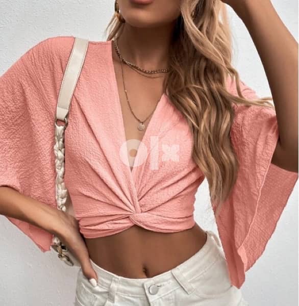 Deep V Neck Twist Front Tie Back Drop Shoulder Crop Blouse 3