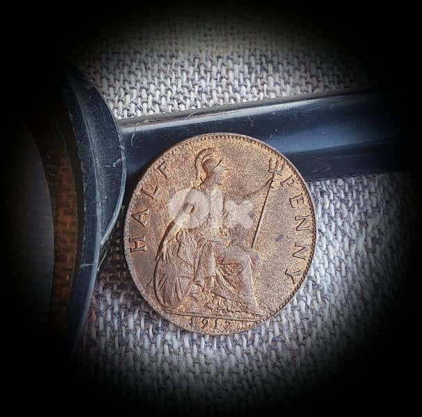 1917 England WWI 1/2 Penny KGV Bronze Coin 1