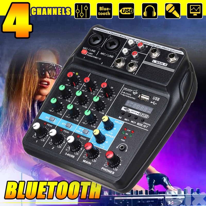 DJ Mixer 4 Channels Mixing Console Effects Processor with Sound Card - 0
