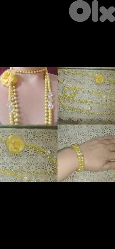 necklace long yellow colour with flower brooch and bracelet