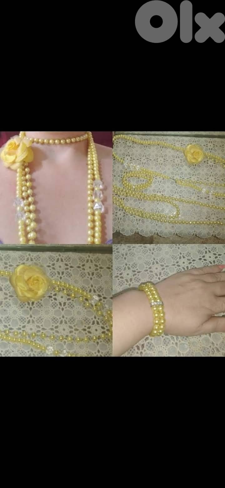 necklace long yellow colour with flower brooch and bracelet 0
