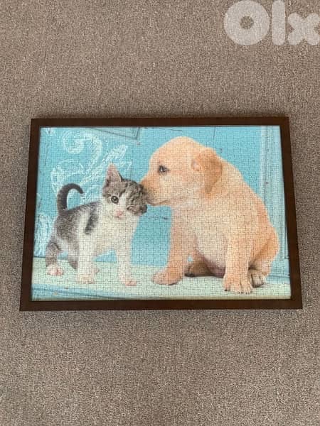 Puzzle Dog & cat with a wooden frame and glass 0