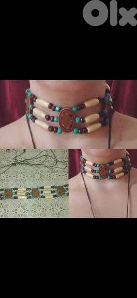 necklace brown and blue vintage wooden 0