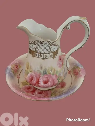 Antique Meander porcelain pitcher and bassin hand painted