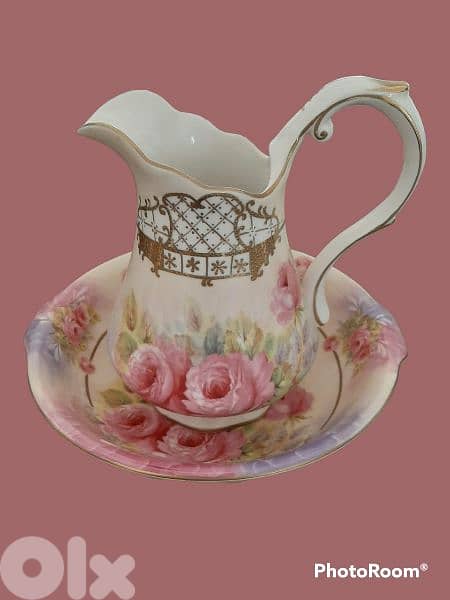 Antique Meander porcelain pitcher and bassin hand painted 0