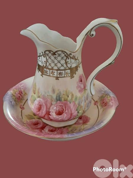 Antique Meander porcelain pitcher and bassin hand painted 1