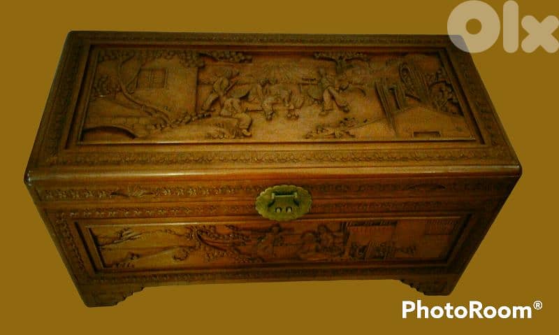 19th. century Chinese camphor wood chest entirely carved by hand 1