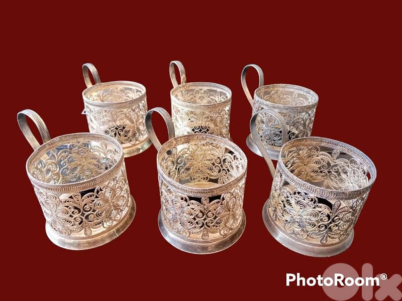 6 porte-verre en argent massif Russe ancien,travail philligram 1