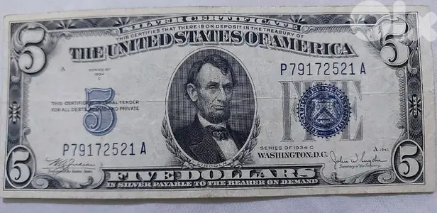 Five USA banknote  year 1934 Silver Certificate