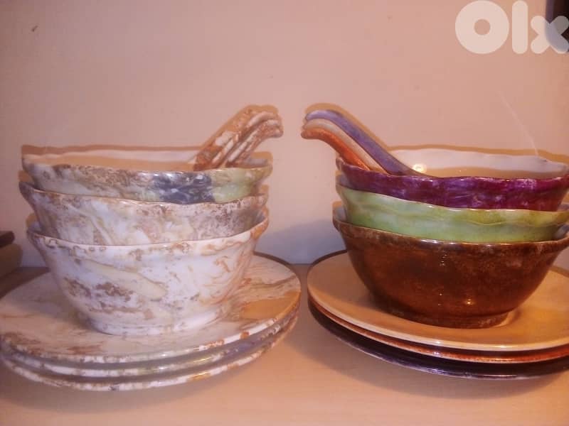 set of 6 fancy porcelain soup bowls + porcelain spoons 0