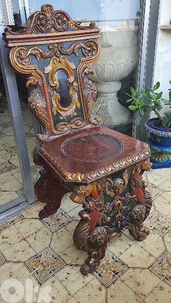 antique wood  chair carved and colored 0