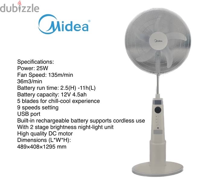 Midea 18” Rechargeable Stand Fan 1