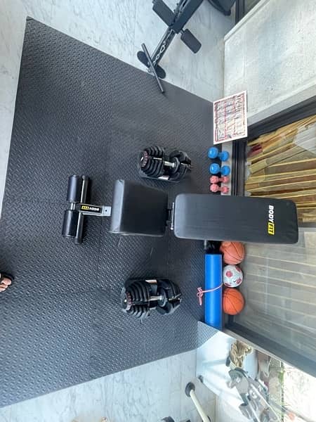 bundle set of adjustable dumbbells 24kg, bench,6 puzzle mat 1