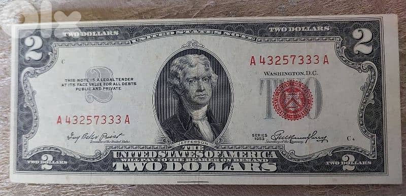 Almost UNC Error Cur Red Seal two USA Banknote year 1953 0