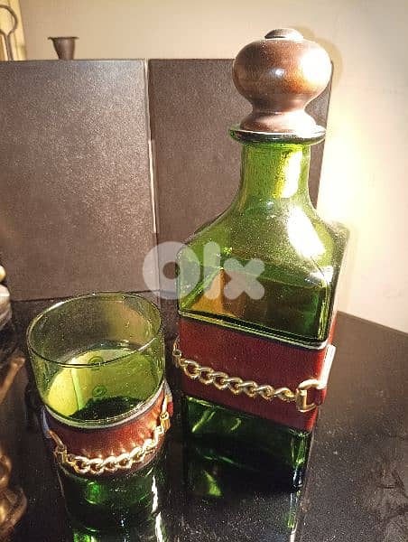 Vintage set of green bottle glass decanter with leather wrap 1
