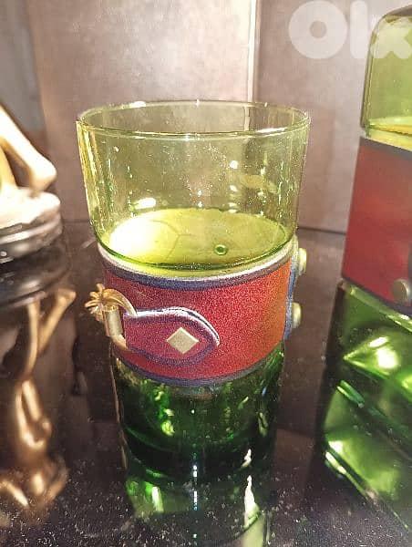 Vintage set of green bottle glass decanter with leather wrap 3