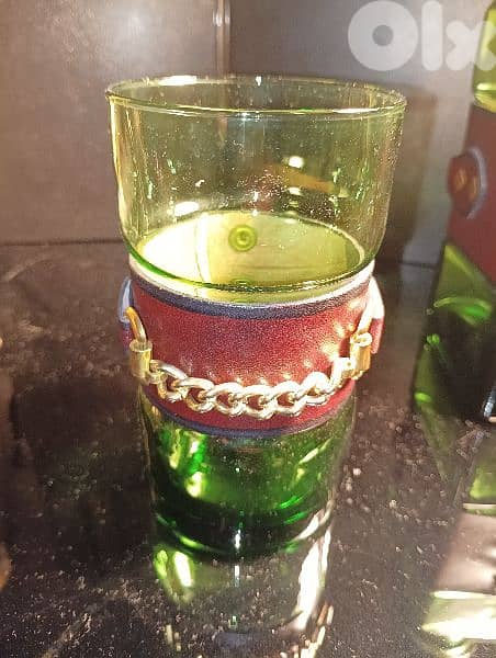 Vintage set of green bottle glass decanter with leather wrap 5