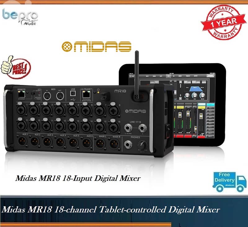 Midas MR18 18-channel Tablet-controlled Digital Mixer, 18-input/6-bus 0