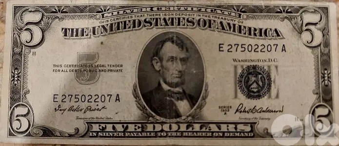 USA Silver Five Dollars Banknote Memorial President  Lincoln 1953