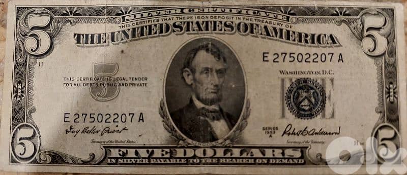 USA Silver Five Dollars Banknote Memorial President  Lincoln 1953 0