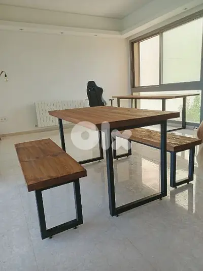 wood and steel industrial dining table with 2 benches